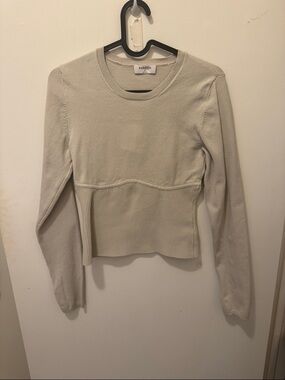 Babaton Cream Ribbed-Waist Long Sleeve Knit Top